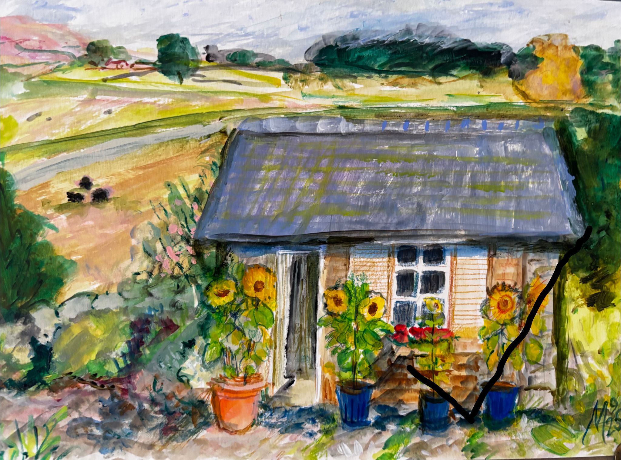 Claerwen's Blue Pots with Sunflowers